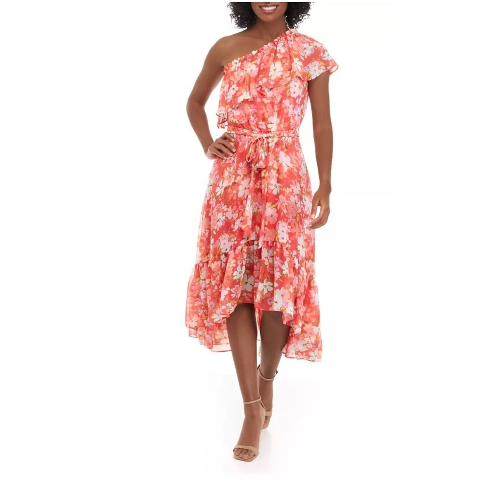 Vince Camuto One Shoulder Floral Print Ruffle Maxi‎ Dress Size 10